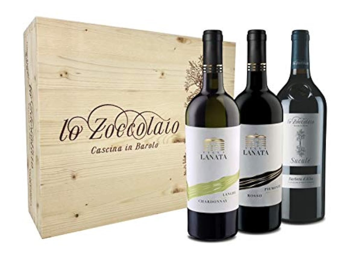 Lo Zoccolaio Langhe Chardonnay + Piemonte Rosso + Barbera d´Alba Vin Italien dans Bois Cas 3 Bouteilles x 75 cl mXrKBvz2