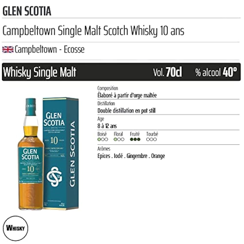 Glen Scotia - Campbeltown Single Malt Scotch Whisky 10 ans - Origine Royaume-Uni - 70cl ncalArAC