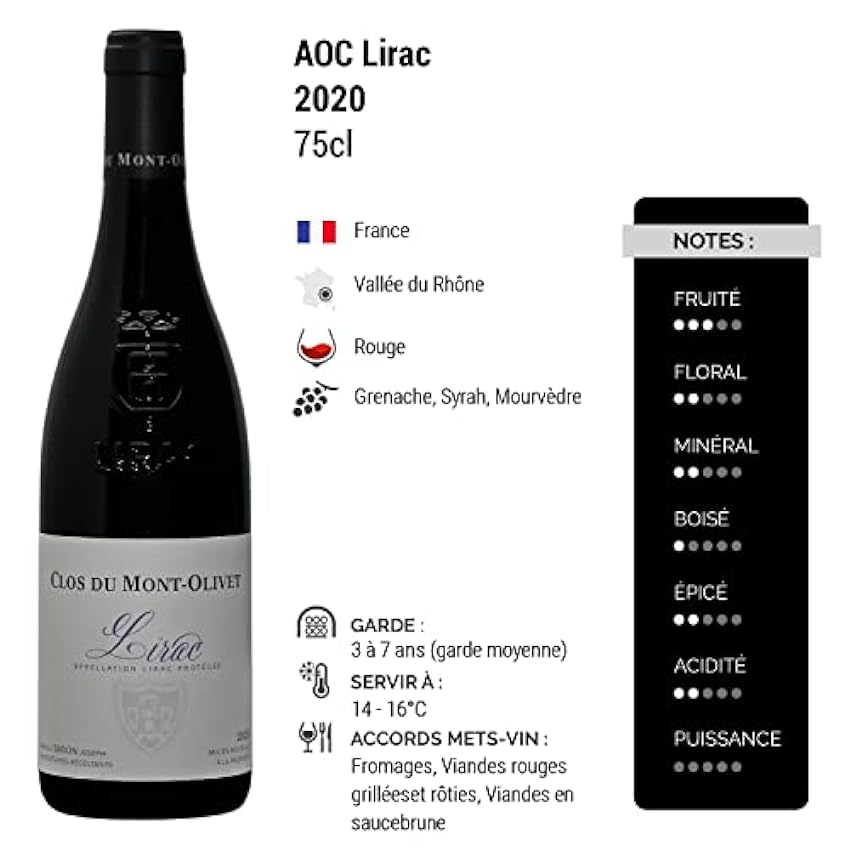Lirac Rouge 2020 - Clos du Mont-Olivet - Vin AOC Rouge de la Vallée du Rhône - Lot de 3x75cl - Cépages Grenache, Syrah nByk6PEA