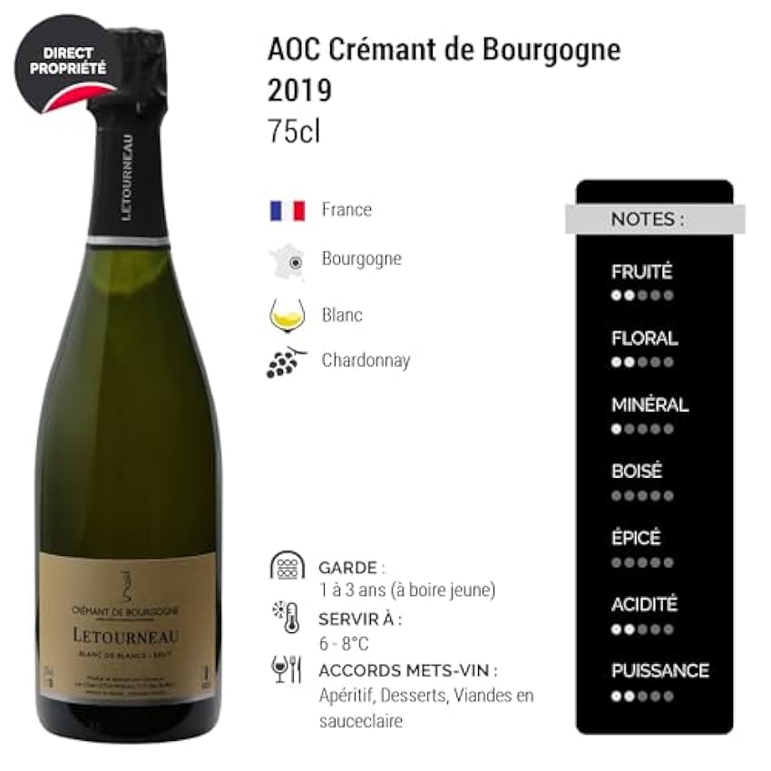 Crémant de Bourgogne Blanc de Blancs Cuvée Millésimée Brut - Blanc 2019 - Les Chais Letourneau - Vin Blanc de Bourgogne (6x75cl) Effervescent N014Xby6