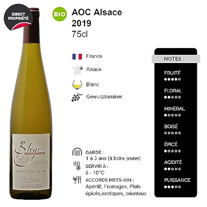 Alsace Gewurztraminer Le Séducteur - Blanc 2019 - Domaine Claude et Christophe Bléger - Vin Blanc d´ Alsace (6x75cl) BIO Kt9V1A9z