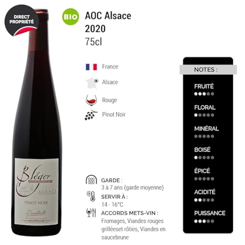Alsace Pinot Noir L´inoubliable - Rouge 2020 - Domaine Claude et Christophe Bléger - Vin Rouge d´ Alsace (3x75cl) BIO MmE5iZrB