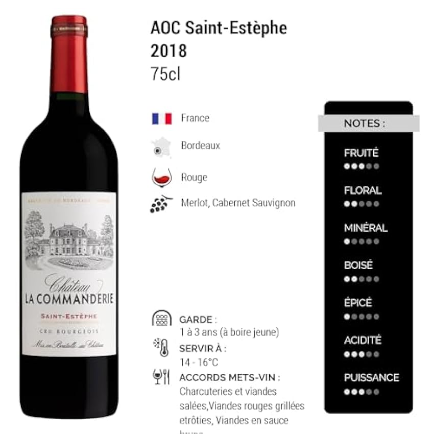 Château de la Commanderie Saint-Estèphe - Rouge 2018 - Vin Rouge de Bordeaux (3x75cl) MBBnZGT6