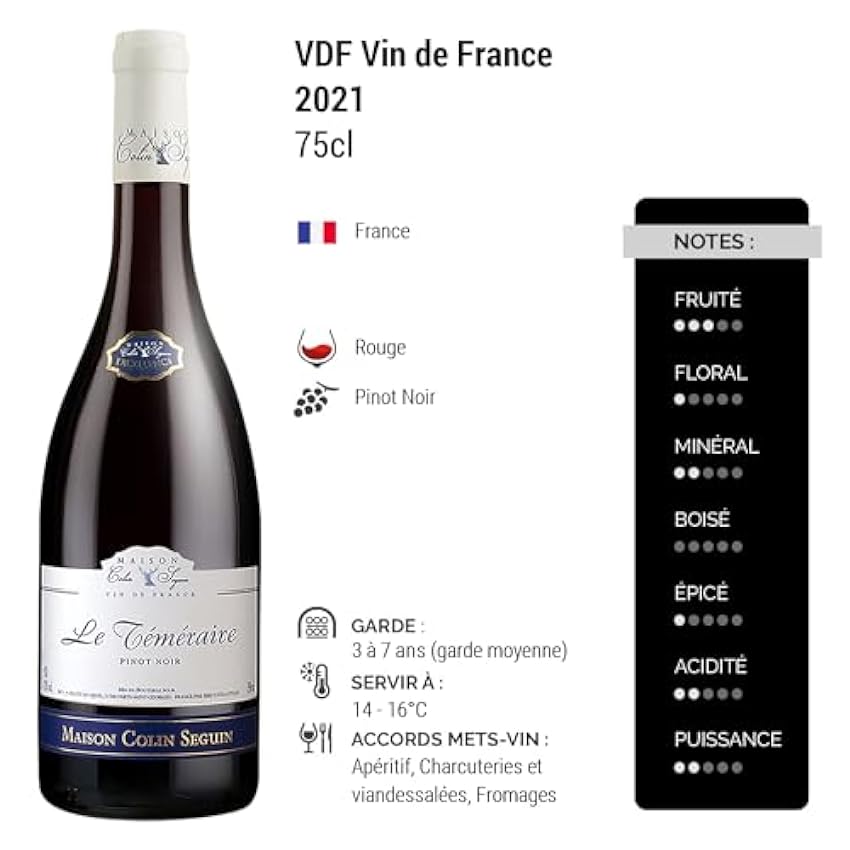 Le Téméraire Pinot Noir Excellence - Rouge 2021 - Maison Colin Seguin - Vin de France - Vin Rouge (6x75cl) lS2gV6pD