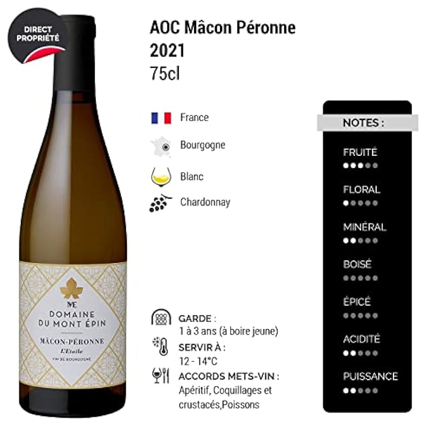 Mâcon Péronne L´Etoile Blanc 2021 - Domaine du Mont Epin - Vin AOC Blanc de Bourgogne - Lot de 3x75cl - Cépage Chardonnay NFh2XKju