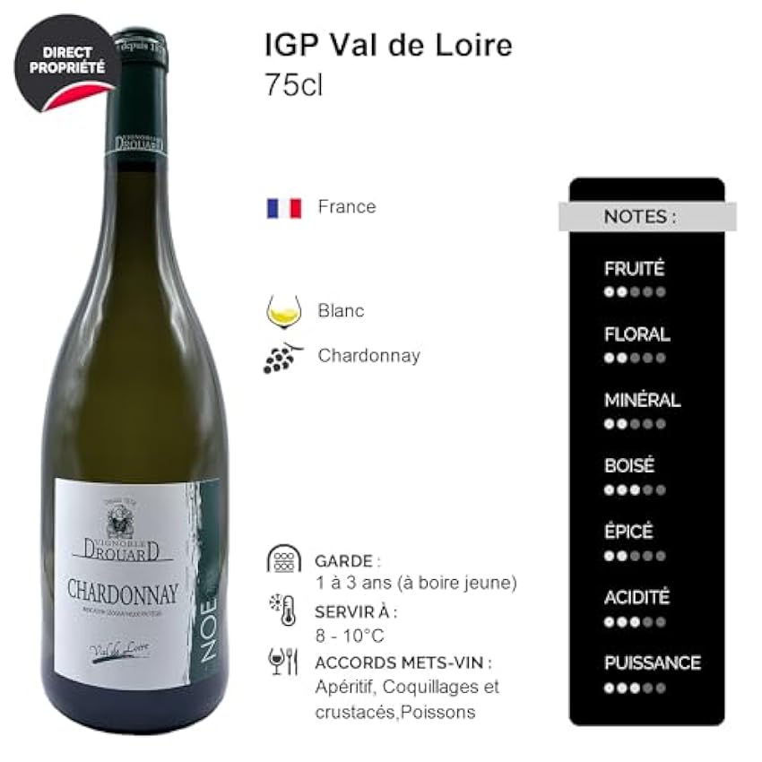Val de Loire Chardonnay - Blanc - Vignoble Drouard - Vin Blanc du Val de Loire (6x75cl) LKtGhHYj