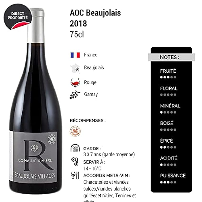 Beaujolais Vieilles Vignes Rouge 2018 - Domaine Rivière - Vin AOC Rouge du Beaujolais - Lot de 6x75cl - Cépage Gamay kxUXhgh5