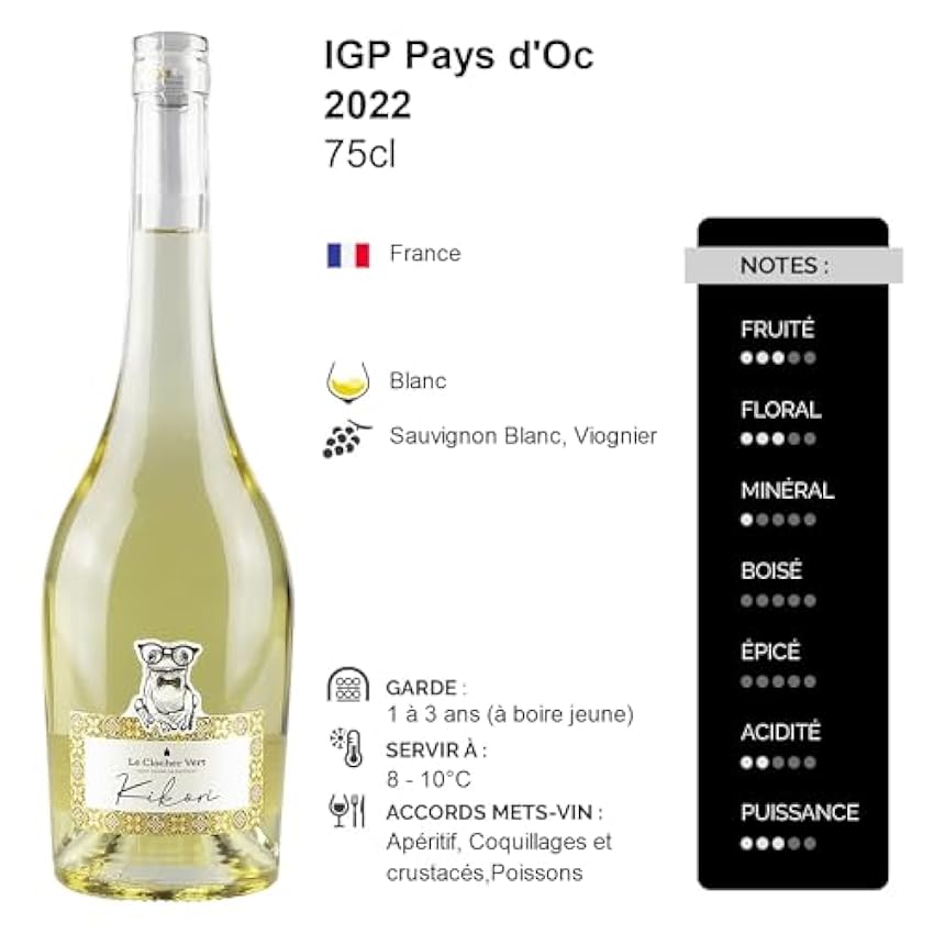 Pays d´Oc Kikori - Blanc 2022 - Clocher Vert - Vin Blanc du Languedoc - Roussillon (6x75cl) kSPMxACG