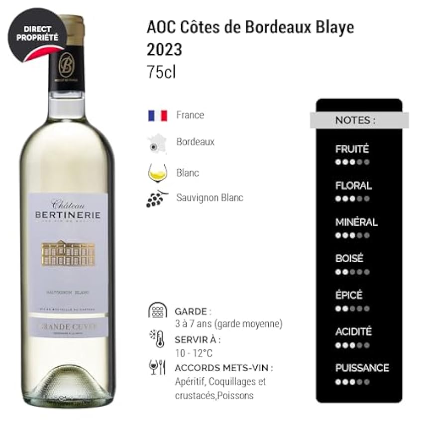Château Bertinerie Grande Cuvée - Blanc 2023 - Côtes de Bordeaux Blaye - Vin Blanc de Bordeaux (6x75cl) mPpepi3a