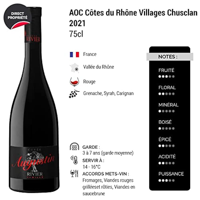 Côtes du Rhône Villages Chusclan Cuvée Augustin Rouge 2021 - Maison Rivier - Vin AOC Rouge de la Vallée du Rhône - Lot de 3x75cl - Cépages Grenache, Syrah mNOzp7TD