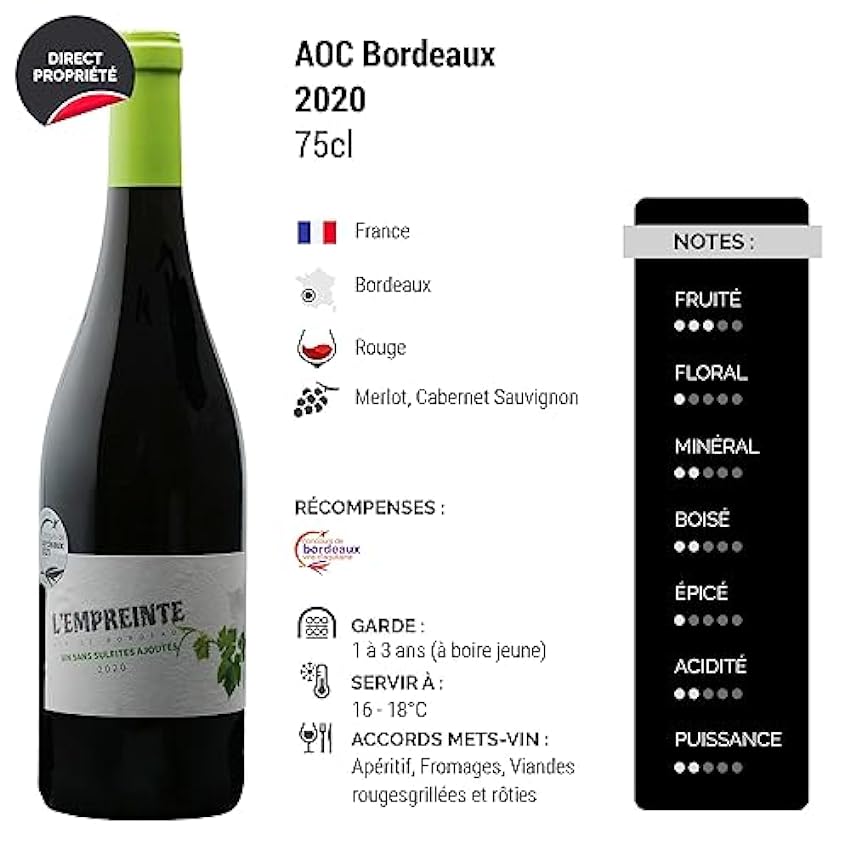 La Girondaise Bordeaux L´empreinte Sans Sulfites Ajoutés - Rouge 2020 - Vin Rouge de Bordeaux (6x75cl) Sans sulfite Mp1rCTgp