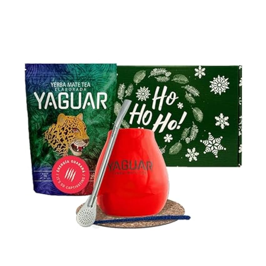 Coffret cadeau de yerba maté Yaguar avec accessoires | Yaguar Energia Guarana | Calebasse, bombilla et accessoires | yerba maté brésilienne | Caféine naturelle | 500g | 0,5kg MmqgnYEW