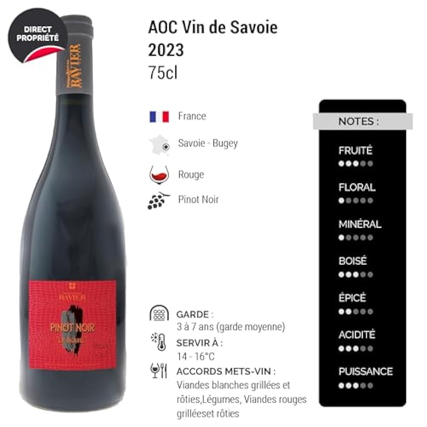Vin de Savoie Pinot Noir La Bigarel - Rouge 2023 - Philippe et Sylvain Ravier - Vin Rouge de Savoie - Bugey (3x75cl) M7C47prF