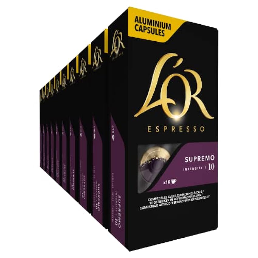 L´OR - Café Espresso - Supremo - Intensité 10 - Goût corsé et notes fruitées - 10 lots de 10 capsules en aluminium MF3XlWFb