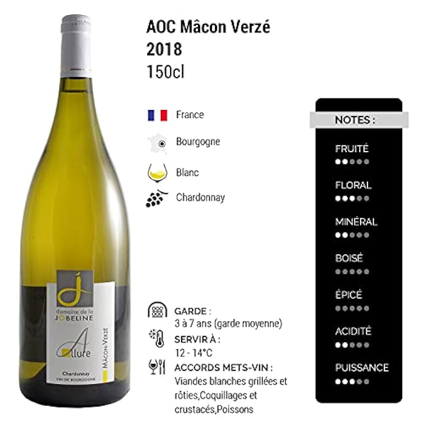 Mâcon Verzé Allure MAGNUM - Blanc 2018 - Domaine de la Jobeline - Vin Blanc de Bourgogne (150cl) lGWbu5RI