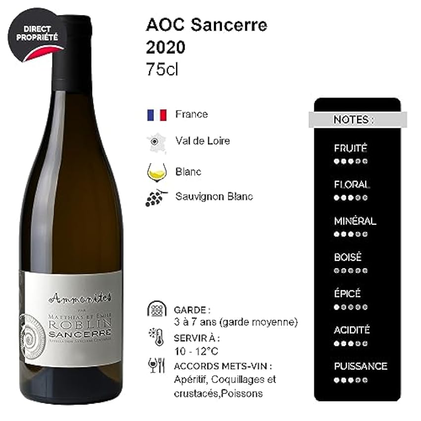 Sancerre Ammonites - Blanc 2020 - Domaine Matthias et Emile Roblin - Vin Blanc du Val de Loire (3x75cl) LUWcWiDE