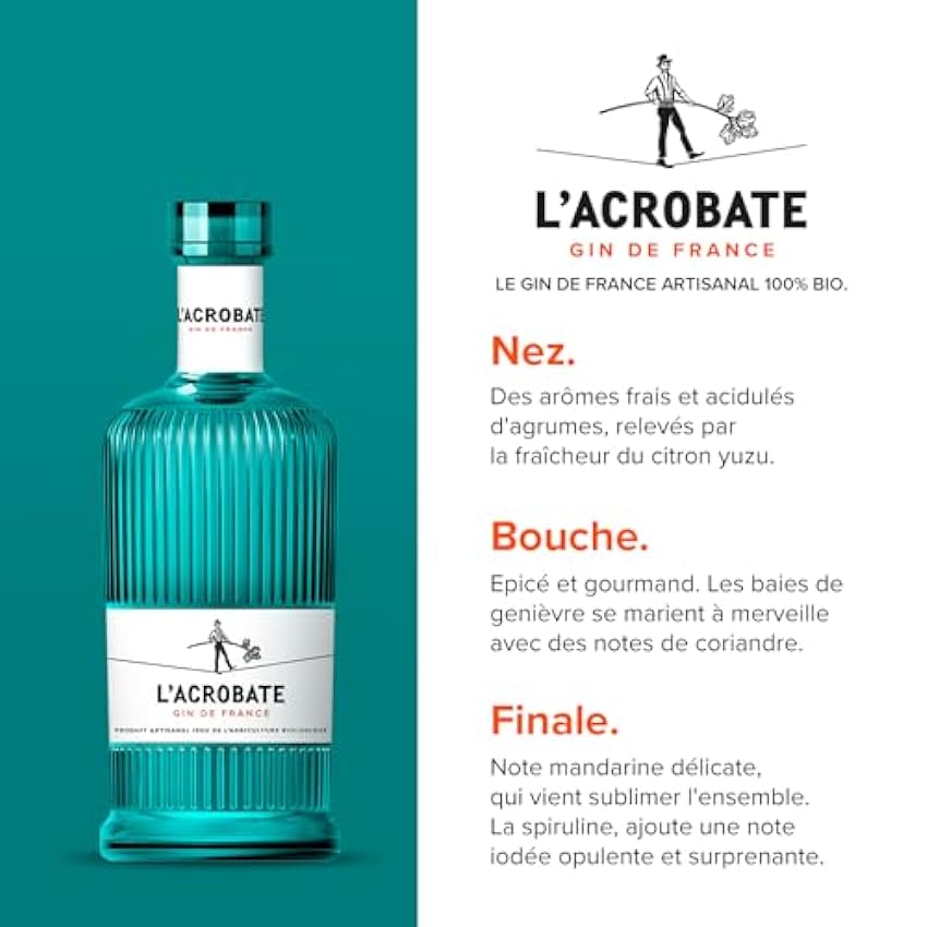 L´Acrobate - Gin Bio Artisanal Français - Médaille d’or Concours Mondial de Bruxelles 2021 - 44 Pour cent Alcool - Origine : France - Bouteille 70 cl mf2SdgYs