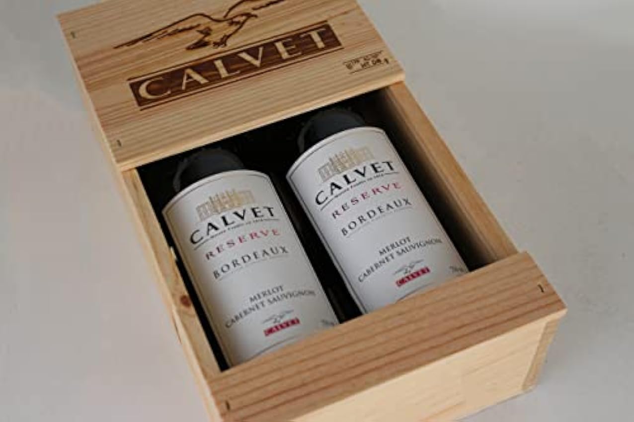 Calvet - Coffret cadeau de 2 bouteilles de vin rouge Réserve, Bordeaux en caisse bois (2 x 0.75 L) okIzFgpr