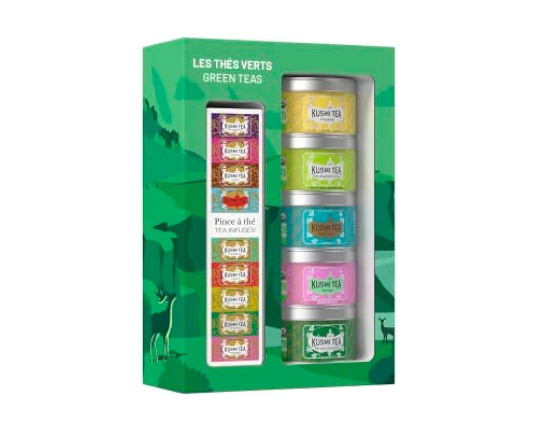 Kusmi Tea - Coffret Les Verts + Pince à Thé - Vert Jasmin, Vert Gingembre-Citron, Label Impérial, Vert Rose, Vert Menthe - Idée Cadeau - Boîtes à Thé en Métal 5x25g MlWRKdLt