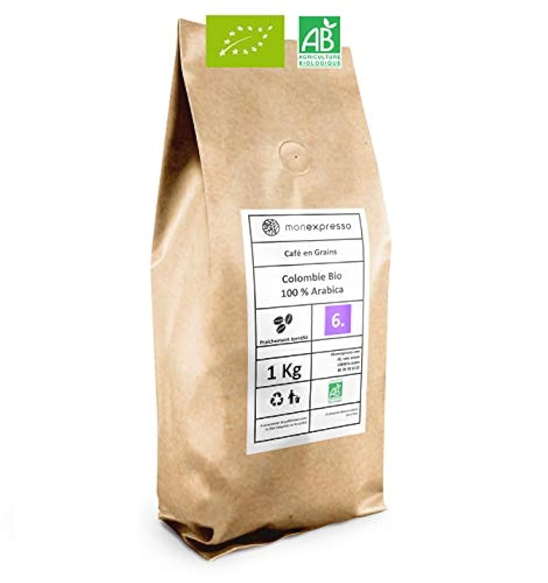 Café Grain Bio ★ 100 % Arabica ★ Paquet de 1 Kg avec Zi