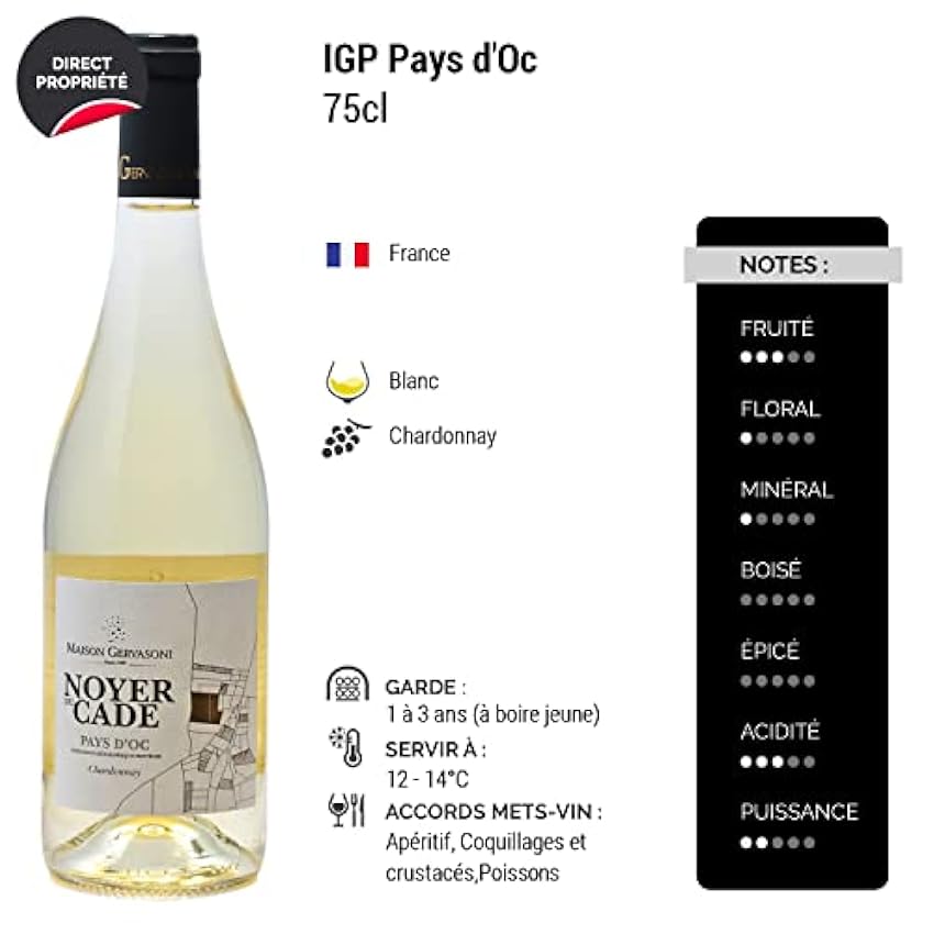 Pays d´Oc Noyer Du Cade Chardonnay Blanc - Maison Gervasoni - Vin IGP Blanc du Languedoc - Roussillon - Lot de 6x75cl - Cépage Chardonnay l2Esthdc