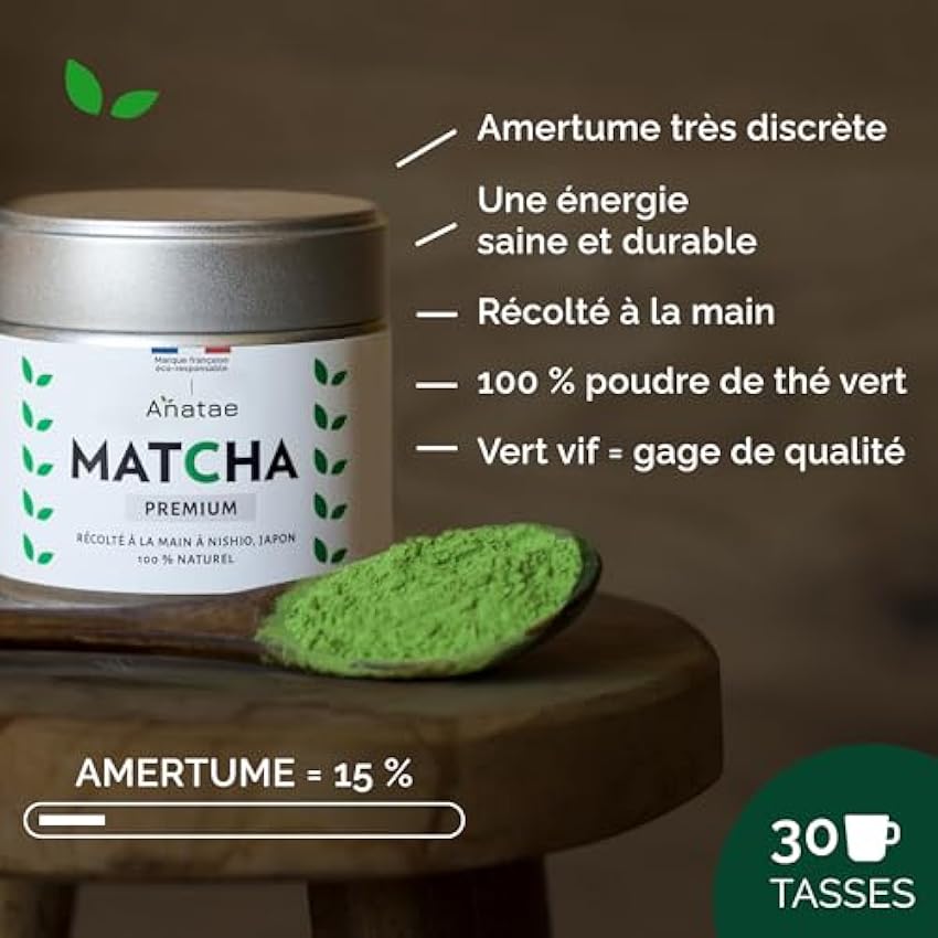 Anatae Marque française - Thé Matcha bio premium japonais - Amertume discrète - Poudre de thé vert matcha 100% BIO qualité premium - Récolté à la main à Nishio, Japon. (30) ok9zgvyk