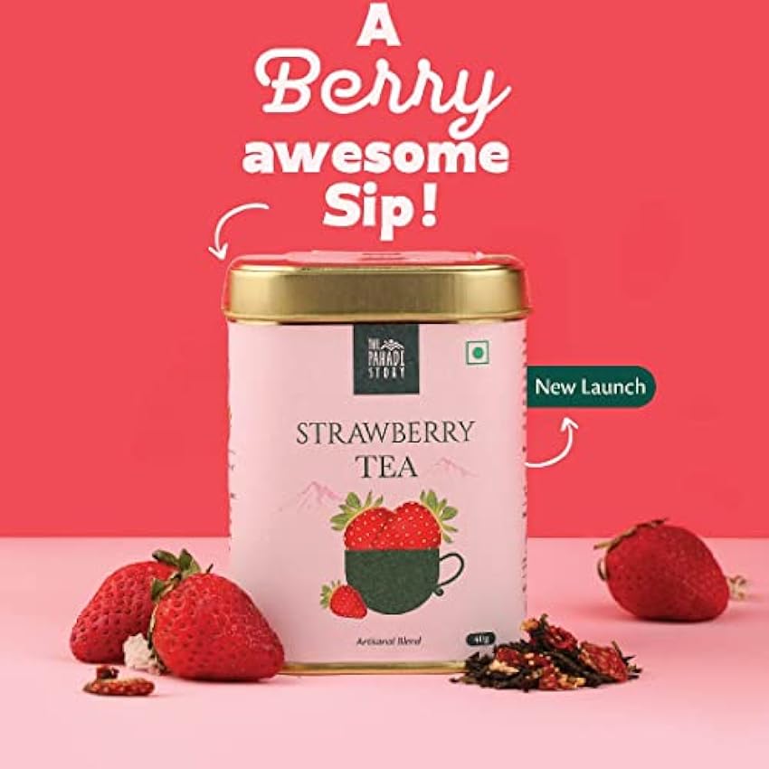 The Pahadi Story Strawberry Green Tea - Real Strawberry Pieces, 40gm Tin Pack, Perfect for Iced Tea, Fruity and Refreshing Fruit Tea With Loose Green Tea nXl49KtS