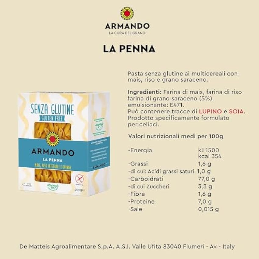 Armando, La Penna, 12 nouilles multi-grains sans gluten avec maïs, riz brun et quinoa 400 g + Italian Gourmet Pelati 400 g MYc4RxaS