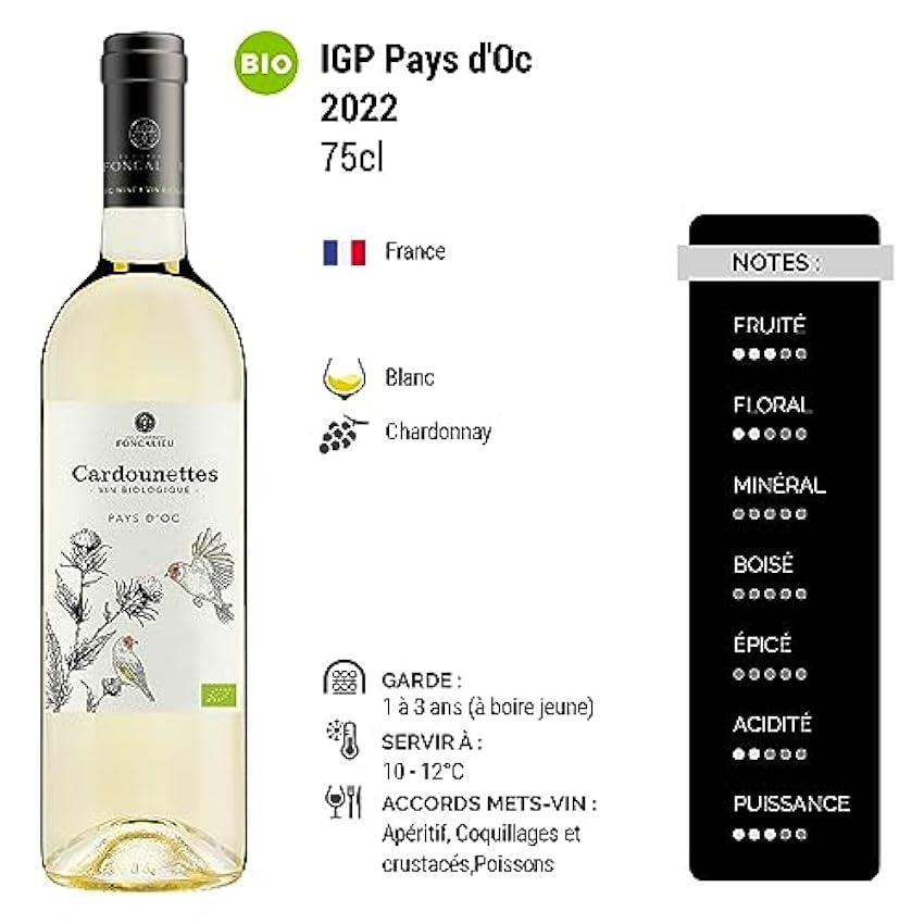 Pays d´Oc Les Cardounettes BIO - Blanc 2022 - Les Vignobles Foncalieu - Vin Blanc du Languedoc - Roussillon (6x75cl) BIO L58jNxu6