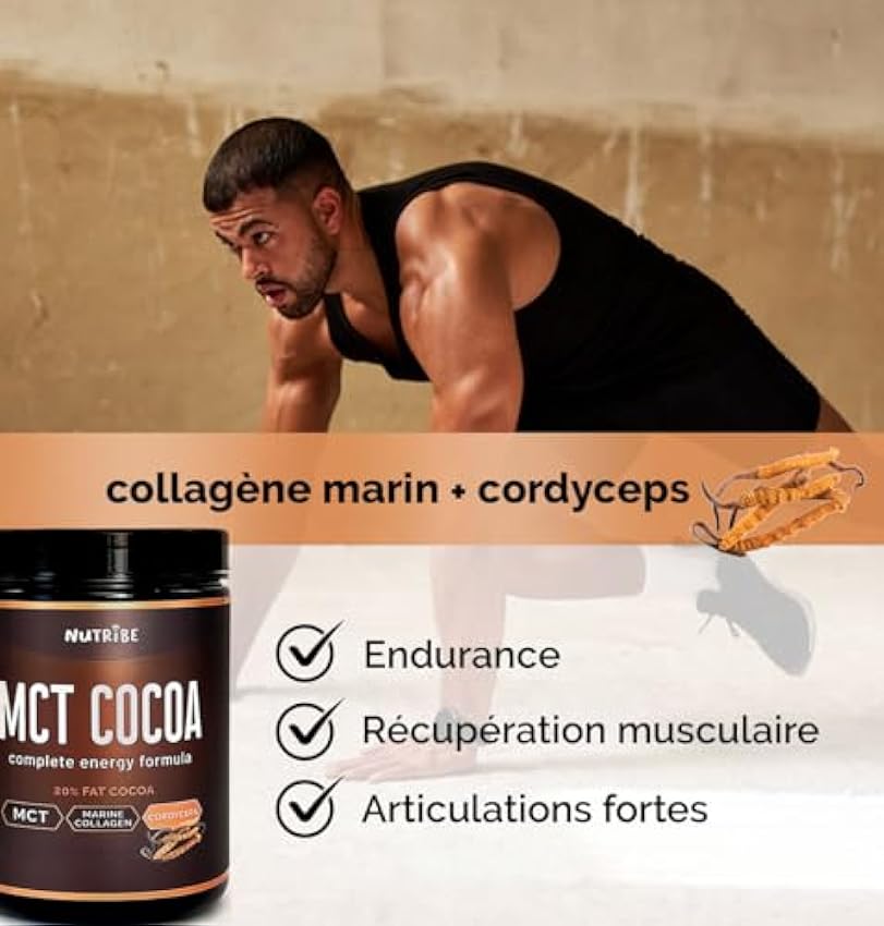 MCT Cacao - Formule Énergie - Protéines Collagène marin + Cordyceps adaptogène 300g – Coupe-faim, Keto, Paleo, Jeûne intermittent, Récupération musculaire, Articulations fortes. NgncSokK