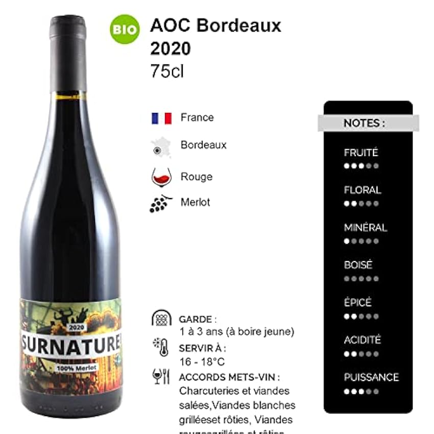 Bordeaux Surnaturel - 100% Merlot - SANS SULFITES Rouge 2020 - Bio - Domaine Chibaou - Vin AOC Rouge de Bordeaux - Lot de 6x75cl - Cépage Merlot mzLTwiPl