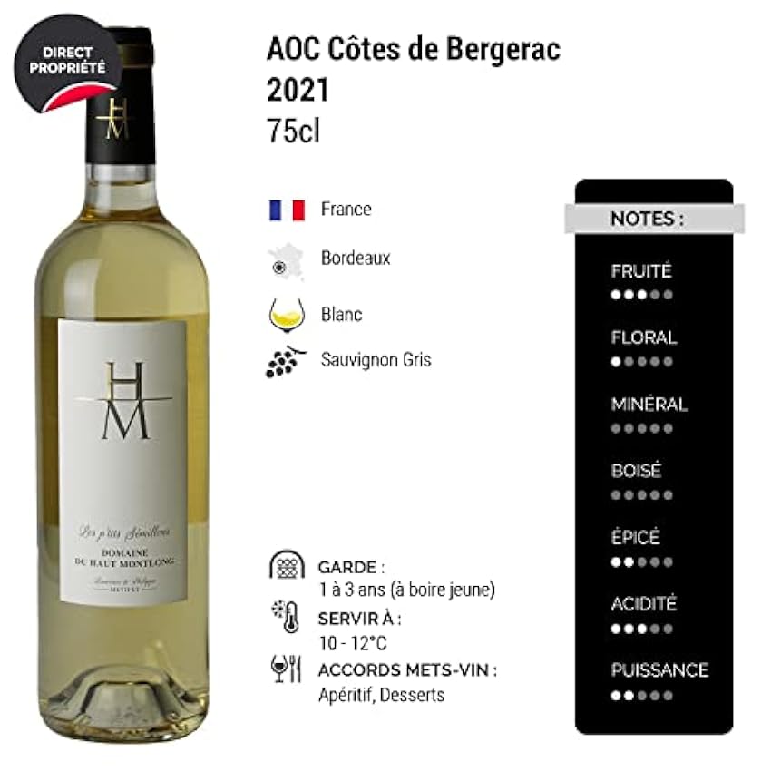 Côtes de Bergerac Les p´tits Sémillons Blanc 2021 - Domaine du Haut-Montlong - Vin Doux AOC Blanc de Bordeaux - Lot de 3x75cl - Cépage Sauvignon Gris nvuIIi2h