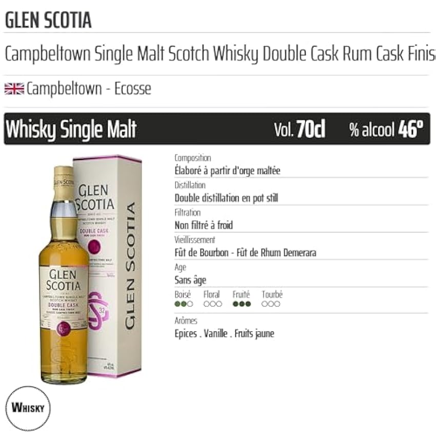Glen Scotia - Campbeltown Single Malt Scotch Whisky Double Cask Rum Cask Finish - Origine Royaume-Uni - 70cl oijmjs2b
