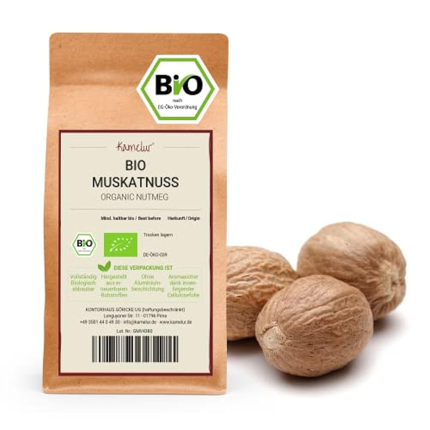 250g de noix de muscade biologique entières - noix de muscade cueillies à la main dans la meilleure qualité biologique - pour le moulin à noix de muscade - dans un emballage biodégradable olZFsXpu