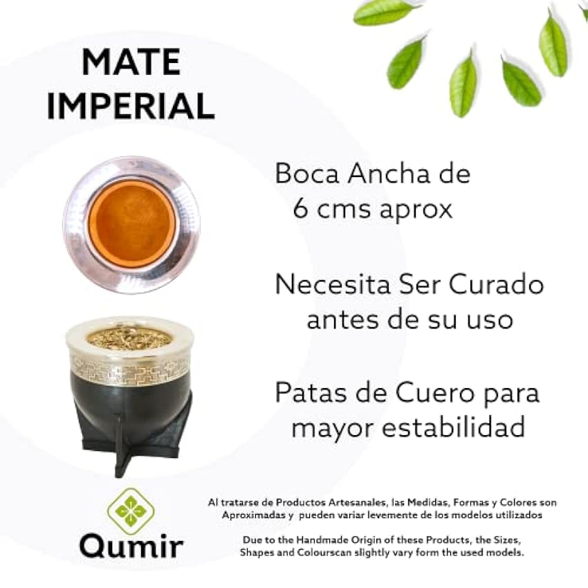 Qumir - Mate Imperial Argentino Uruguayo de Calabaza Calebasse - Cuir cousu avec fil ciré - Bombilla de Alpaca incluse (Noir) MjDtIc6H