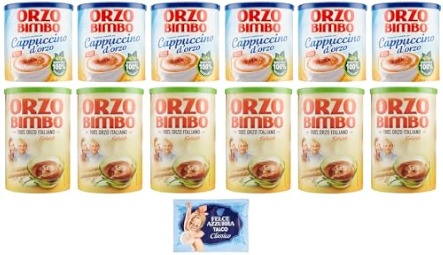 Orzo Bimbo Lot de 12 paquets de test solubles pour cappuccino d´orge 150 g + Orzo Bimbo Orzo Bimbo 200 g, une alternative sans caféine + 1 sachet de talc Felce Azzurra gratuit 100 g n22dUM2Q