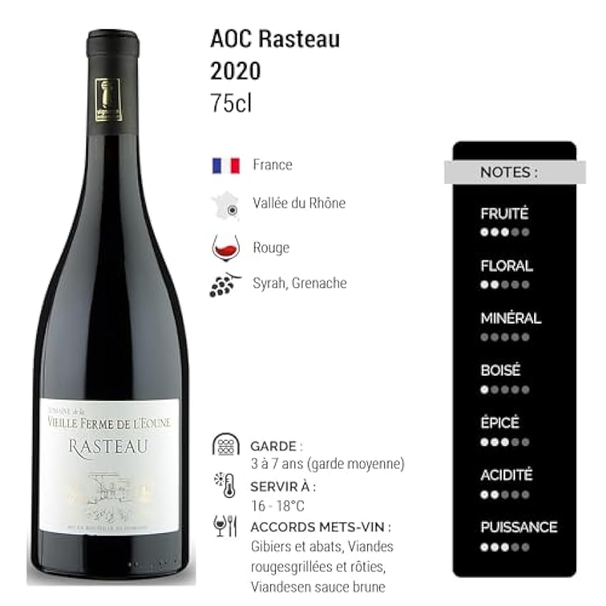 Rasteau - Rouge 2020 - Domaine de la Vieille Ferme de L´Eoune - Vin Rouge de la Vallée du Rhône (3x75cl) m6fJq7SU