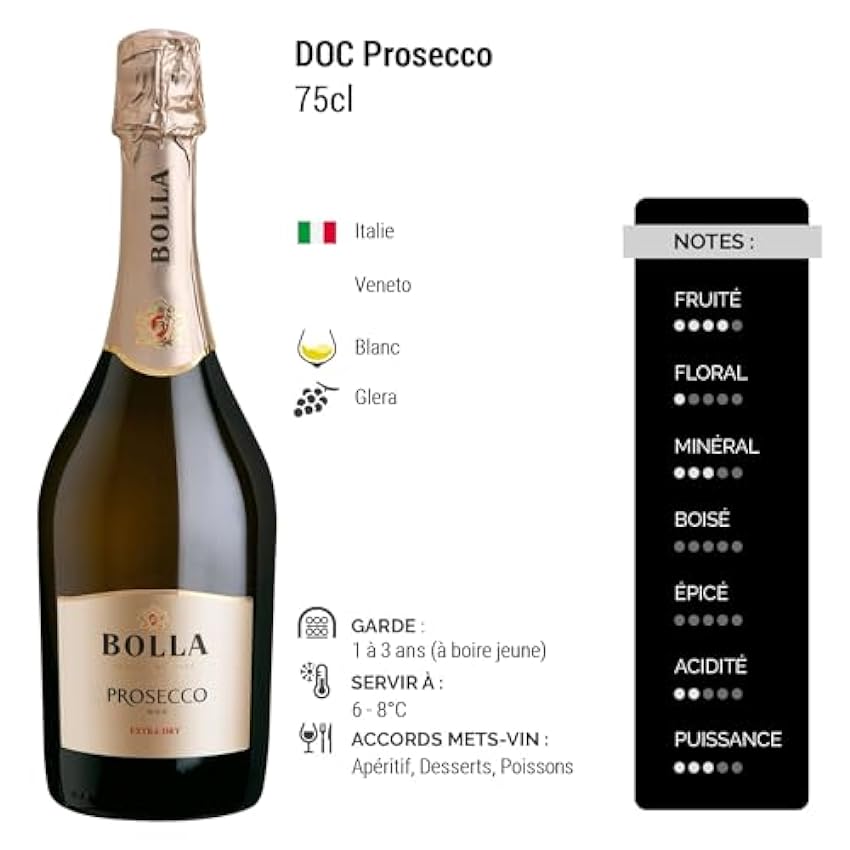 Prosecco Extra Dry - Blanc - Bolla - Vin Blanc d´Italie (3x75cl) Effervescent oDMONYJv