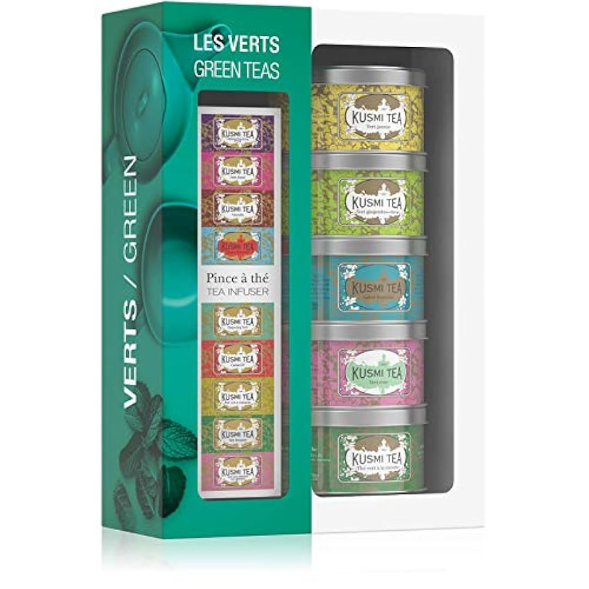 Kusmi Tea - Coffret Les Verts + Pince à Thé - Vert Jasmin, Vert Gingembre-Citron, Label Impérial, Vert Rose, Vert Menthe - Idée Cadeau - Boîtes à Thé en Métal 5x25g MlWRKdLt