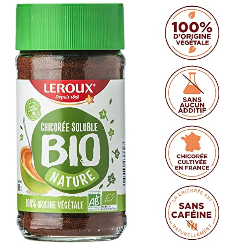 Leroux - Chicorée Bio Soluble Nature - 100% d´Origine Végétale - Chicorée Biologique Cultivée en France - Riche en Fibres, Sans Sucres Ajoutés - Lot de 6 pots mVlRonlZ