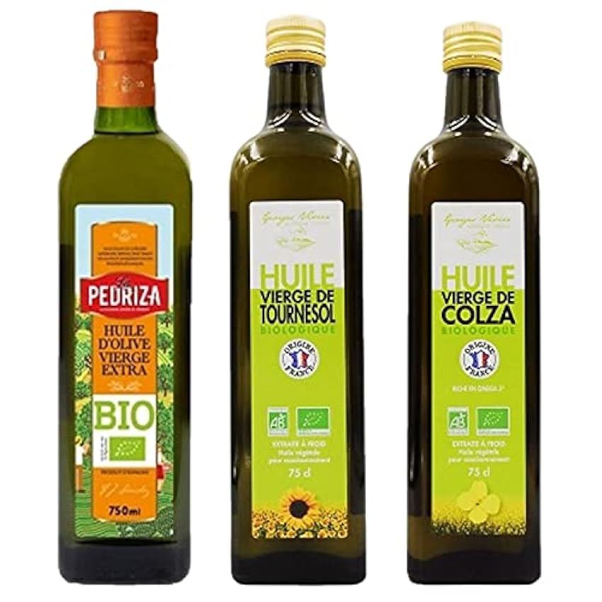 Assortiment d´huiles Bio : tournesol, colza, olive Og0tpeho