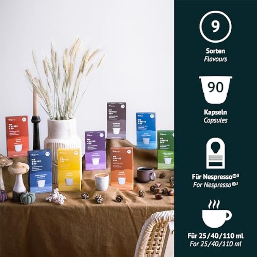 My Coffee Cup Coffee-Lover-Box - Grain 100% Arabica et Robusta - Mix de 9 Saveurs, Torréfaction Premium, 10 Capsules Compostables par Saveur - 90 Capsules NaG5HFHe