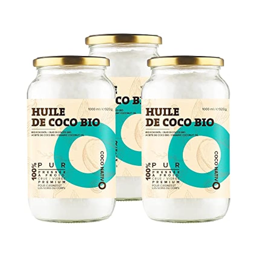 Huile de noix de coco CocoNativo - 3x1000ml (3Liter) Huile de Noix de Coco Biologique Extra Vierge et non Raffinée, Pure et 100% Bio - Idéale Pour Les Cheveux, Le Corps et Comme Aliment (3 x 1000) lb85OA8A