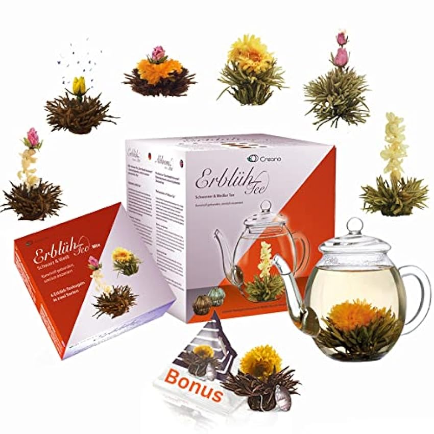 Creano fleurs de thé - Thé infusé avec Théière en verre de 500 ml et 6 thé noir et blanc + 1 boule de thé noir en portion de tasse L9roklg7