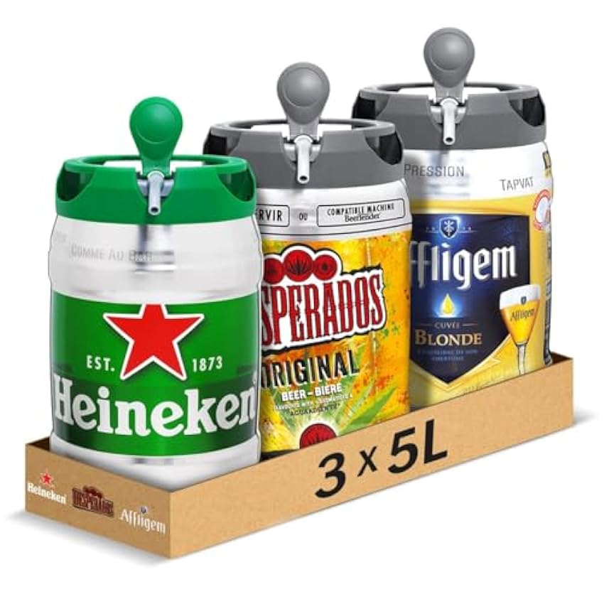 Heineken, Desperados Original, Affligem - Pack de 3 Fûts 5L - Bières Blondes - Compatible Tireuse BeerTender, Utilisable sans Machine à Bière, Bières à Domicile kssaNEWq