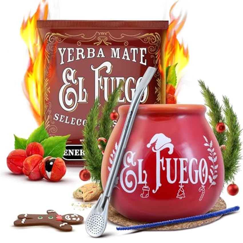 Coffret hivernal d´accessoires pour yerba maté avec échantillon | El Fuego Energia Guarana | Calebasse, bombilla et accessoires | Yerba maté du Paraguay | Caféine naturelle | 50g Kuq5lwCg
