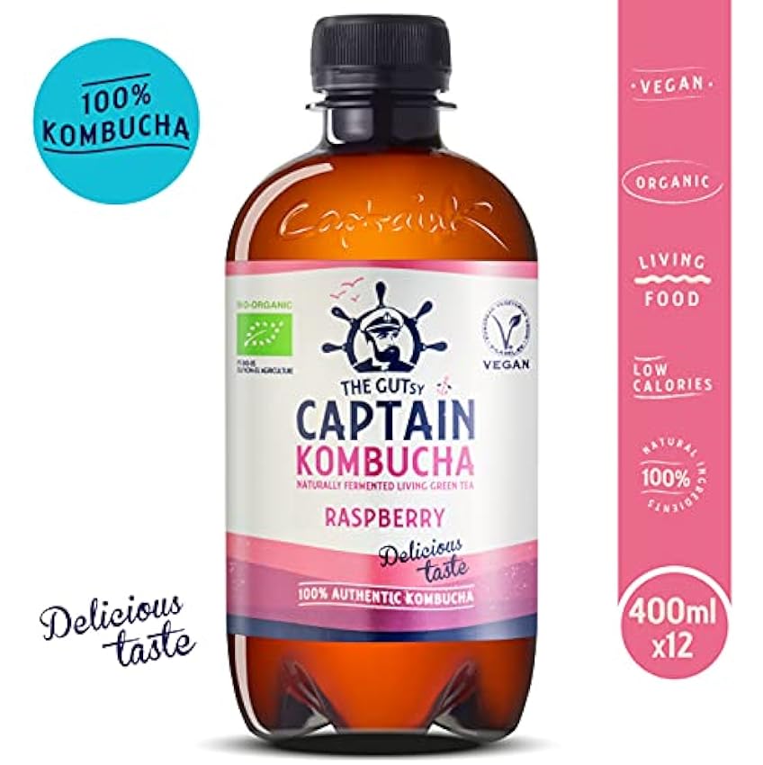 Captain Kombucha – Thé Kombucha – Bio – Boisson probiótica Naturalmente fermentada, cuisine Écru vif, sans numéro ni Conservantes, sans pasteurizar - Raspberry (Framboise) - 12x400ml ogARWqcI