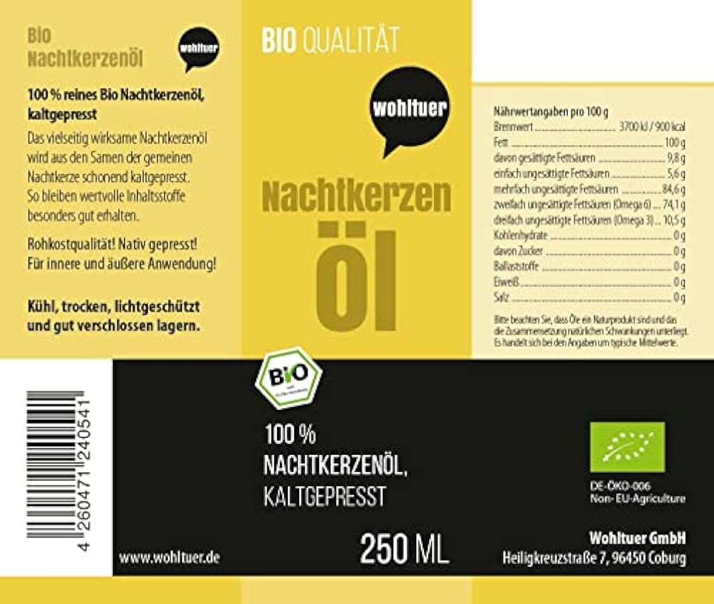 Wohltuer, Huile d´onagre bio Wohltuer 250ml - Pressée native et 100% pure - Pure Nature (250ml) nqB0FSQs