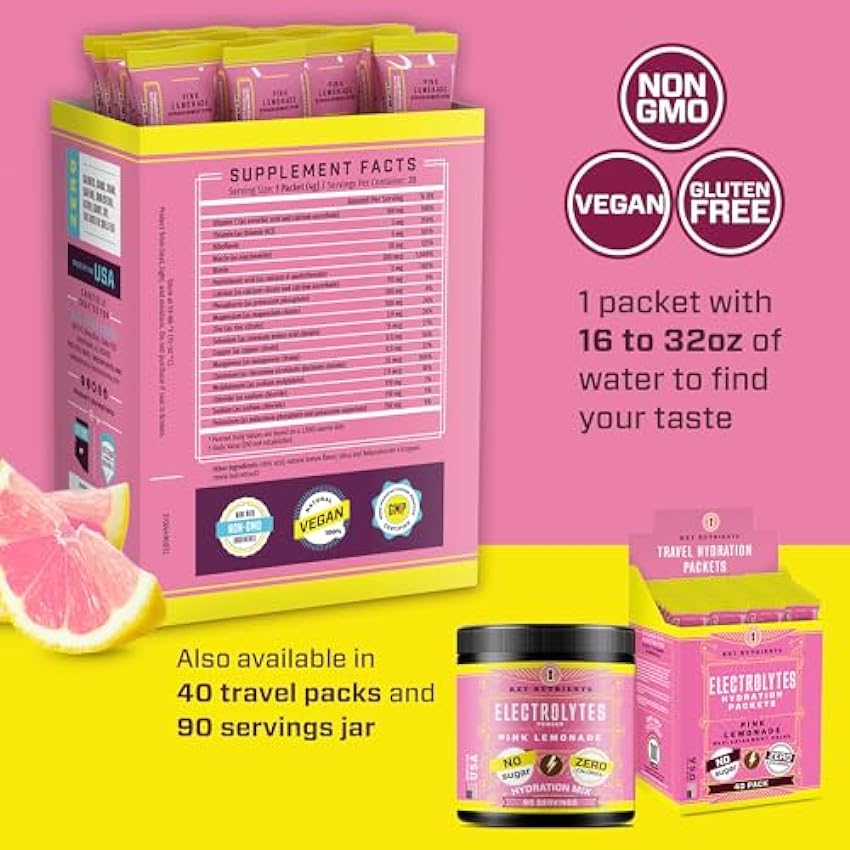 KEY NUTRIENTS Electrolytes Hydration Packets - Fresh Pink Lemonade 20 Pack - Travel Hydration Powder - No Sugar, No Calories, Gluten Free - Made in USA N9WAObOy