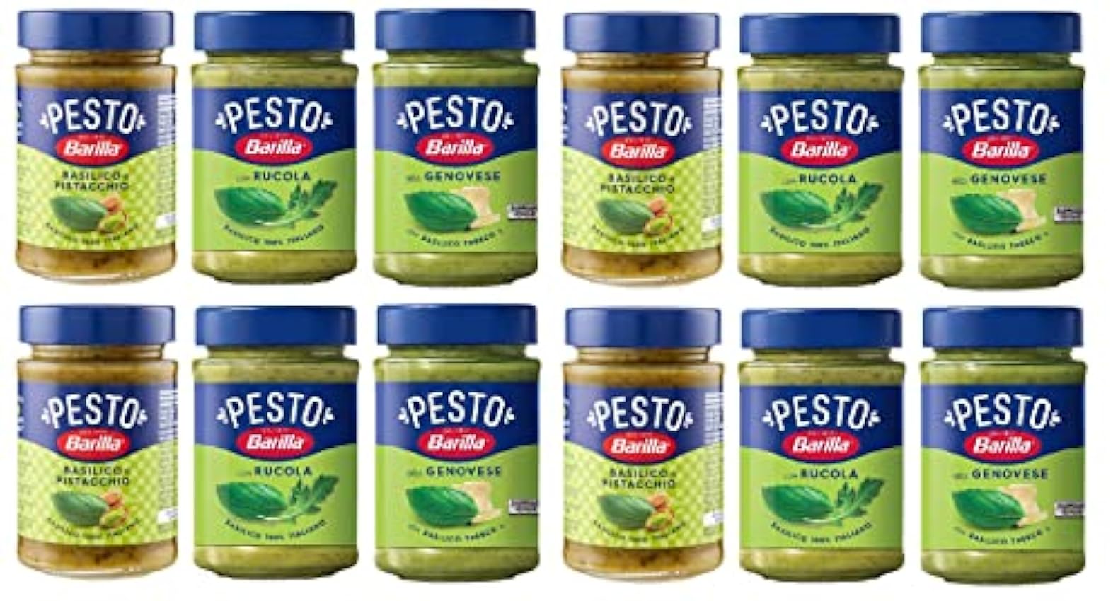 Lot de 12 x Barilla Vert 4 x Pesto Basilico e Rucola 4 x Pesto Genovese 4 x Pesto pistacchio Pesto Basilico e Pistacchio Pesto avec basilic et pistaches 6 x 190 g m9FcVhRL